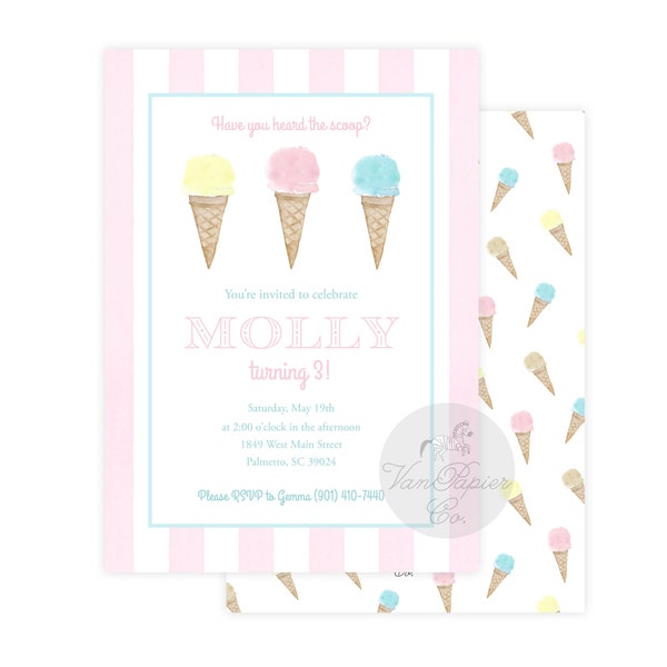 Watercolor Ice Cream Birthday Invitation | Ice Cream Party | Girls Birthday Invitation | Pink Striped Invitation | Preppy Girls Birthday