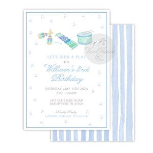 May include: A blue and white invitation with musical notes for a child's 2nd birthday party. The invitation says "Let's Sing & Play for William's 2nd Birthday". The party is on Saturday, May 15th, 2023 from 2:00 to 4:00 PM at 1479 Glen Echo Road, Brentwood, TN 37069. The invitation includes a phone number to RSVP.
