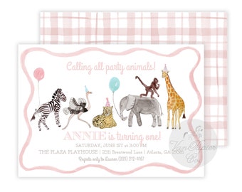 Girls Party Animals Birthday Invitation | Party Animals | Girls Birthday Invitation | Pink Plaid Invitation | Preppy Girls Birthday