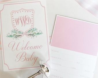 Girl&#39;s Watercolor Crest Monogram Milestone Cards | Monthly Cards | Baby Shower Gift | Milestone Cards | Welcome Baby Card | Custom Crest