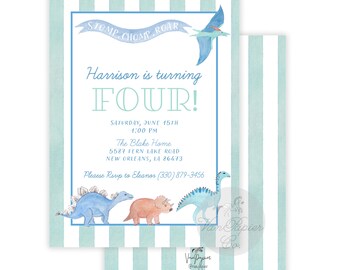 May include: A light blue and white striped invitation with watercolor illustrations of dinosaurs. The invitation reads "Harrison is turning FOUR!" and includes event details. A pterodactyl flies above the text "STOMP, CHOMP, ROAR".