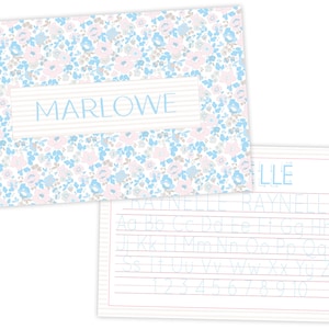 Placemat para niños / Placemat laminado / Placemat personalizado para niños / Placemat de letras de aprendizaje / Placemat floral para niñas / Trazado de letras