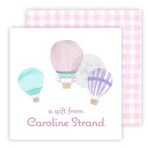 Watercolor Pink Hot Air Balloons Calling Card | Custom Gift Tags | Gift Enclosure Cards | Calling Cards | Boys Gift Tags | Blue Gingham