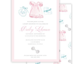 May include: Baby shower invitation with a pink border. The invitation features watercolour illustrations of a baby dress, bib, and shoes. The text reads "Please join us for a baby shower to celebrate Darby Lehman."