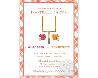 May include: A red and white gingham patterned invitation for a football party. The invitation features a football field with two helmets, one red and one orange, and the text "GEAR UP FOR A FOOTBALL PARTY!"  "ALABAMA vs. TENNESSEE"  "SATURDAY, OCTOBER 15th Kickoff starts at 4:00 PM The Williams Home 721 Countryside Dr. Brentwood, TN 37291 Please RSVP to June (615) 242-1212"