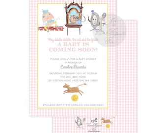 May include: Pink and white gingham baby shower invitation with a watercolour illustration of a clock, a cat, a fiddle, and an egg. The text reads "Hey diddle diddle, the cat and the fiddle A BABY IS COMING SOON!" and includes the details of the baby shower.