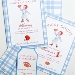 May include: Two blue and white gingham patterned invitations for a football-themed birthday party. The invitations feature a cartoon illustration of a boy wearing a football uniform and holding a football. The text on the invitations reads "Gear up for a football party!" and "Harrison is turning 5!" and "Harrison's 1st Birthday!"  The invitations also include the date, time, and location of the party. A thank you tag with a football illustration reads "Thank you for coming! I hope you had a ball! Your friend, Harrison."