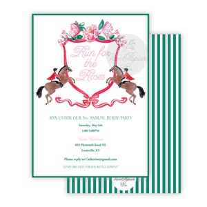 May include: A pink and white invitation with a watercolor illustration of two horses and riders jumping over a pink ribbon. The text reads "Run for the Roses" and includes details for a 5th Annual Derby Party.