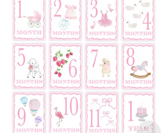 Pink Scalloped Watercolor Milestone Cards | Girls Milestone Cards | Watercolor Milestone Cards | Baby Milestones | Shower | Milestone Cards