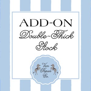May include: Add-on Double-Thick Stock label with a blue and white striped background. The label features a white circle with a black zebra design and the text "Van Papier Co."