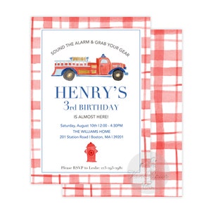 Firetruck Birthday Invitations | Sound the Alarm | Firemen Theme Party | Firetruck Birthday | Watercolor Fire truck | Boys Birthday Invite