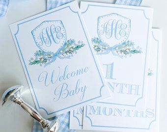 Conjunto de hitos con monograma de acuarela para niño / Tarjetas mensuales / Regalo para baby shower / Tarjetas de hitos / Escudo de acuarela para niño