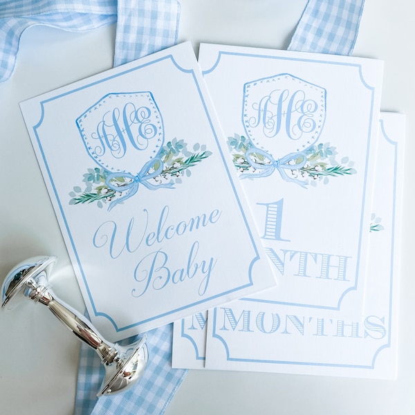 Boy's Watercolor Monogram Crest Milestone Set | Monthly Cards | Baby Shower Gift | Milestone Cards | Watercolor Boy's Crest