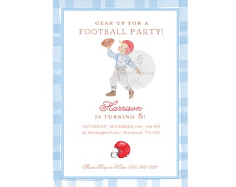 May include: A light blue and white gingham-patterned invitation for a football-themed party. The invitation features a watercolor illustration of a young football player, a red helmet, and the text "Gear Up For A Football Party!" and "Harrison is turning 5!"