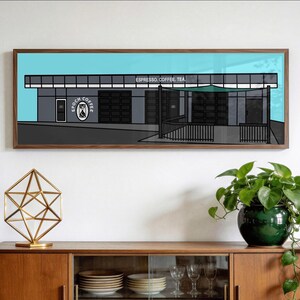 Illustratie koffietijdperk | Handgetekende afdruk van het iconische café in Austin, Texas