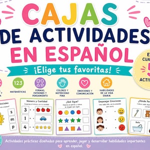 May include: A colorful educational activity set in Spanish featuring the title CAJAS DE ACTIVIDADES EN ESPAÑOL. It includes five activity sheets covering letters, math, shapes, emotions, and daily life skills with icons, text, and illustrations.