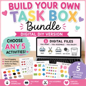 May include: A digital DIY task box bundle featuring a laptop displaying instructions for printing, cutting, and laminating activities. Includes printable sheets for matching colors, counting, shapes, patterns, and sorting by size with heart icons.