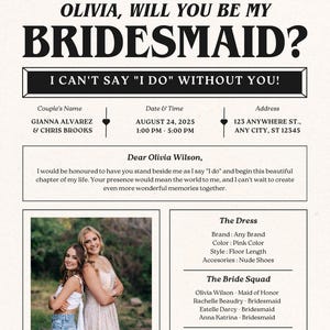 Cartão de Proposta de Jornal para Madrinha de Casamento – Modelo Editável, Anúncio de Casamento Moderno, Você Quer Ser Minha Madrinha de Casamento, Cartão de Madrinha Personalizável