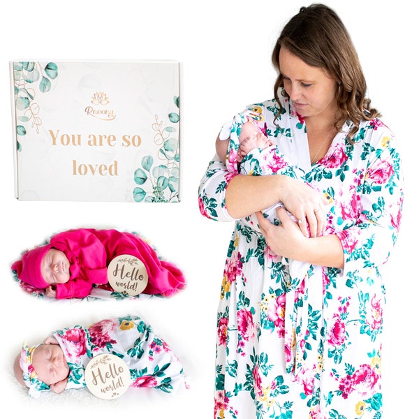 Maternity Robe for Hospital, Mommy and Me Robe and Swaddle set- Matching Robe and Swaddling Wrap for Mom and Baby, Robe for Hospital