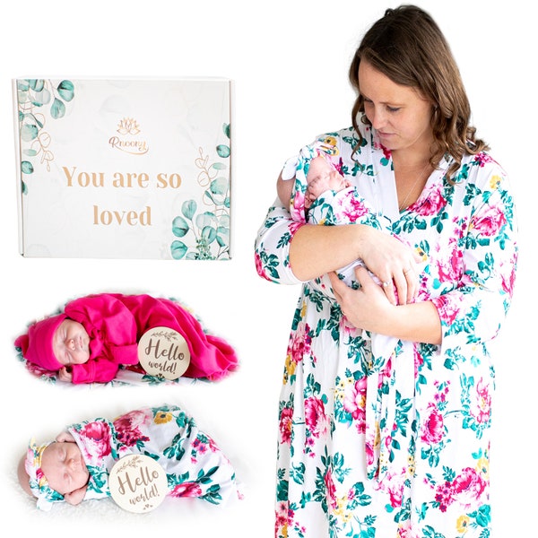 Baby Be Mine Mommy & Me Maternity Set - Matching Labor Gown & Newborn Swaddle, Hospital Outfit For Mom & Baby