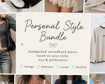 May include: A collage of various clothing items, including sweaters, cardigans, shorts, and a sweatshirt. The items are in neutral colors with floral embroidery and the Nike logo. The text "Personal Style Bundle" is also visible.