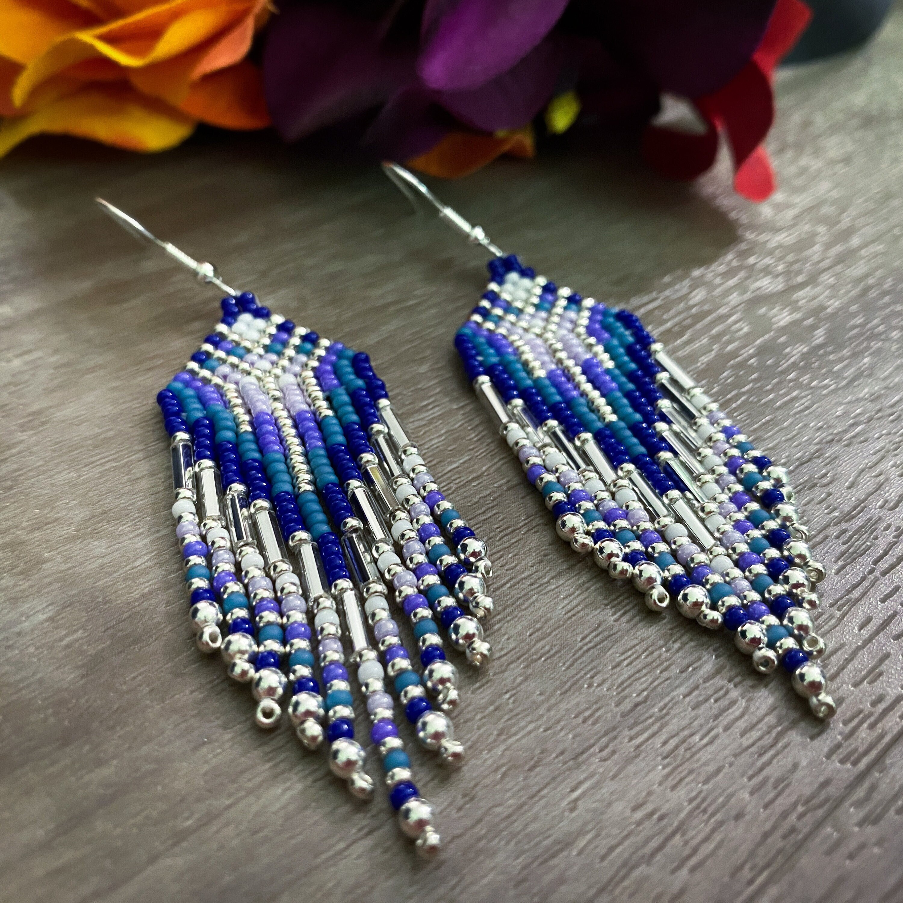 Beaded Fringe Earrings in Black, Blue, Burgundy White With Black