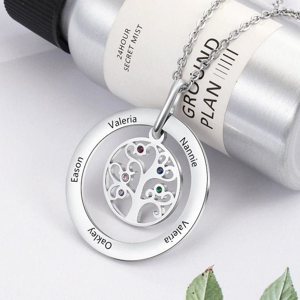 PERSONALIZED - Tree Of Life Necklace With Name Engraving and Birthstone By Month - Stainless Steel Pendant Family Tree Necklace