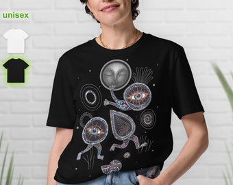 Surreal T-shirt - New Moon Runners - Sleeping New Moon and Eye Nose Creatures running around in colorful socks - Unisex organic cotton tee