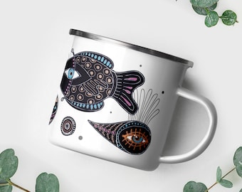 Surreal Enamel Mug - Water Creatures 1 - boho supernatural eye lip creatures in colorful socks swimming around with snails and fish