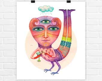 Art Print - Water - Friendly three eyed Creature with a Martini and a Rainy Cloud - Daemons Of The Elements series