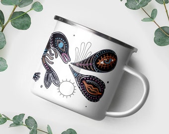 Surreal Enamel Mug - Water Creatures 4 - boho supernatural eye lip headed characters swimming around in colorful socks