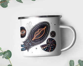 Surreal Enamel Mug - Water Creatures 3 - boho supernatural eye lip headed characters and snails swimming around in colorful socks