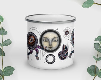Surreal Enamel Mug - Full Moon Runners - Woke Full Moon and Eye Lip Creatures running around in colorful boho socks