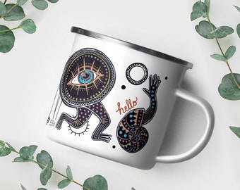 Surreal Enamel Mug - Eye Nose Lip Swimmers on a Journey - boho eye, nose, lip headed creatures running around in colorful socks saying hello