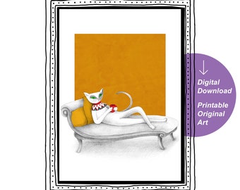 Cat Daily Life Trivia: Daydreaming Stylish Kitty on Coffee Break, Upside Down, Printable Minimal Wall Art, Digital download, Boho Prints