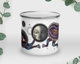 Surreal Enamel Mug - Waning Moon Runners - Sleepy three quarter Moon and Eye Lip Funny Creatures running around in boho colorful socks