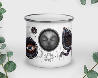 Surreal Enamel Mug - New Moon Runners - Sleeping New Moon and Eye Nose Creatures running around in colorful boho socks