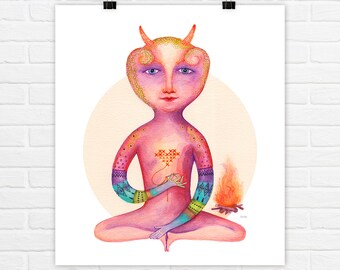 Art Print - Fire - Friendly horned Creature with a heart embroidery tattoo by a campfire -Daemons Of The Elements