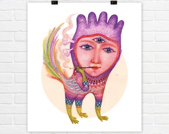 Art Print - Air - Friendly Supernatural Creature with a Third Eye and a Long Cigarette - Daemons Of The Elements