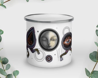 Surreal Enamel Mug - Waxing Moon Runners - Awakening First Quarter Moon and Eye Nose Creatures running around in colorful boho socks