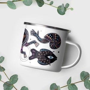 Surreal Enamel Mug - Water Creatures 2 - boho supernatural eye headed characters in colorful socks swimming around with snails and fish