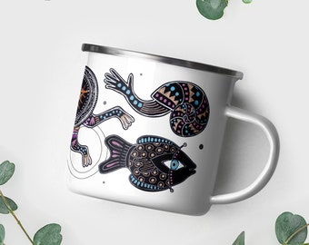 Surreal Enamel Mug - Water Creatures 2 - boho supernatural eye headed characters in colorful socks swimming around with snails and fish