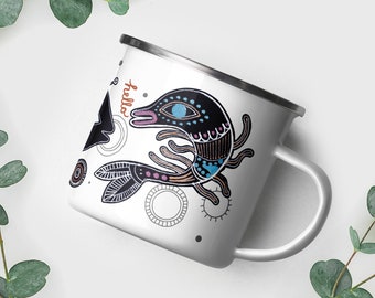 Surreal Enamel Mug - Underwater Hello - boho supernatural water creatures swimming around saying hello to a stylish snail