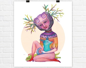 Boho Art Print - Earth, a friendly nurturing Creature with branch antlers and surreal pets | Daemons Of The Elements series