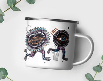 Surreal Enamel Mug - Eye Nose Lip Wanderers on a Journey - boho eye nose lip headed creatures running around in colorful socks saying hello