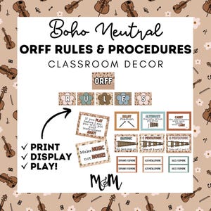 May include: A set of printable classroom decor featuring Orff rules and procedures. The design includes text labels, instructional cards with musical instrument graphics, and a background pattern of violins and flowers in neutral earth tones.