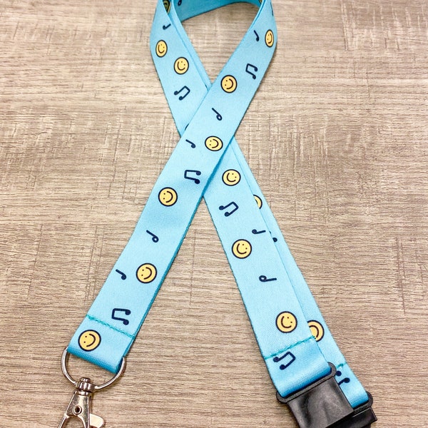 Blue Smiley Lanyard | Smiley Face Badge Holder, ID Lanyard, Badge Lanyard, Key Lanyard, Teacher Lanyard, Music Teacher Lanyard