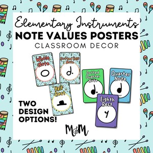 Può includere: Decorazioni colorate per la classe con poster dei valori delle note musicali. I poster includono "Whole Note", "Dotted Half Note", "Dotted Quarter Note", "Quarter Note" e "Eighth Rest". È visibile anche il testo "Elementary Instruments" e "Classroom Decor".