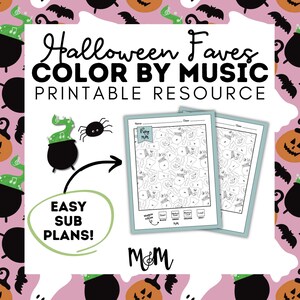 Könnte beinhalten: Ein druckbares Arbeitsblatt zum Thema Halloween mit dem Titel "Halloween Faves Color by Music". Das Design zeigt einen Kessel, eine Spinne und Ausmalbilder. Der Text "Easy Sub Plans!" ist ebenfalls enthalten.