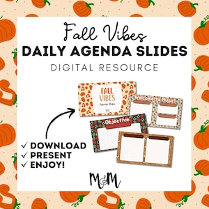 Puede incluir: Imagen promocional de "Fall Vibes Daily Agenda Slides", un recurso digital. El diseño incluye plantillas de diapositivas de agenda con motivos de calabazas y estampado de leopardo. El texto incluye "¡Descargar, Presentar, Disfrutar!" y "Recurso Digital."